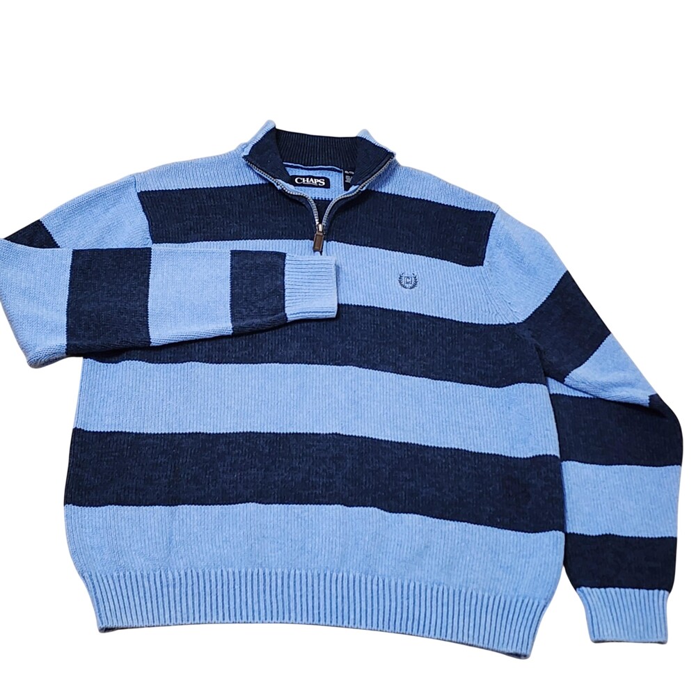 Chaps Sweater Mens XL Blue Stripe 1/4 Zip Mock Neck Knit Pullover Casual